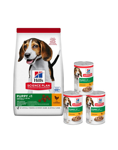 HILL'S Science Plan Canine Puppy Medium Chicken 18 kg karma dla psów ras średnich kurczak + 3 puszki GRATIS
