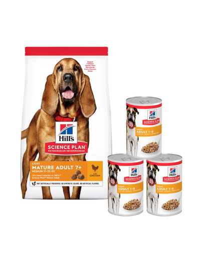 HILL'S Science Plan 7+ Dog Mature Light Medium Chicken 14 kg dla psów starszych + 3 puszki GRATIS