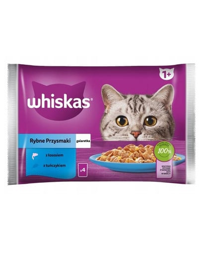 WHISKAS Adult saszetka 4x85g Rybne Przysmaki mokra karma dla dorosłych kotów w galaretce z: łososiem, tuńczykiem