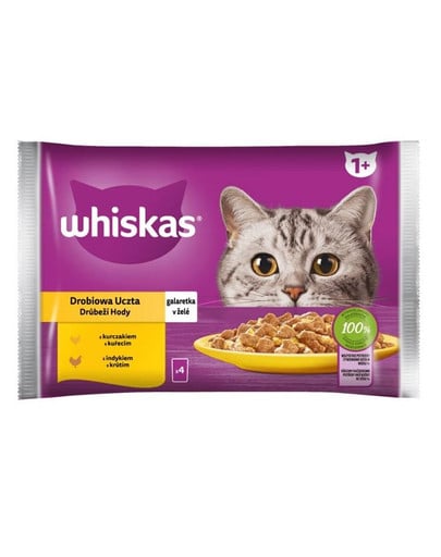 WHISKAS Adult saszetka 4x85 g Drobiowa Uczta mokra karma dla dorosłych kotów w galaretce z: kurczakiem, indykiem