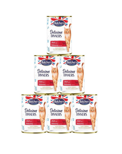 BUTCHER'S Delicious Dinners, karma dla kota, kawałki z wołowiną w galaretce 6 x 400g