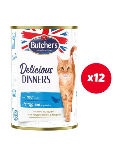 BUTCHER'S Delicious Dinners, karma dla kota, kawałki z pstrągiem w galaretce 12 x 400g