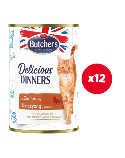 BUTCHER'S Delicious Dinners, karma dla kota, kawałki z dziczyzną w galaretce 12 x 400g