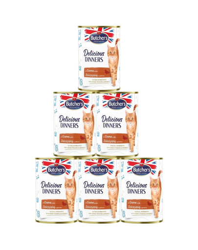 BUTCHER'S Delicious Dinners, karma dla kota, kawałki z dziczyzną w galaretce 6 x 400g
