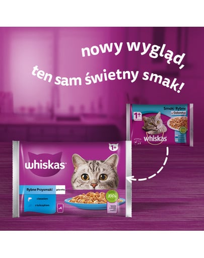 WHISKAS Adult saszetka 4x85g Rybne Przysmaki mokra karma dla dorosłych kotów w galaretce z: łososiem, tuńczykiem