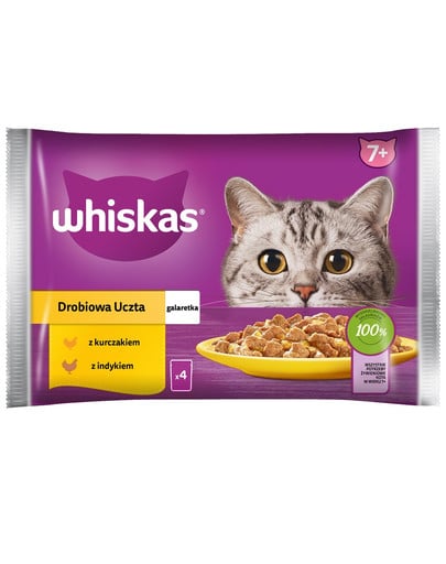 WHISKAS Senior saszetka 4x85g Drobiowa Uczta mokra karma dla starszych kotów w galaretce z: kurczakiem, indykiem