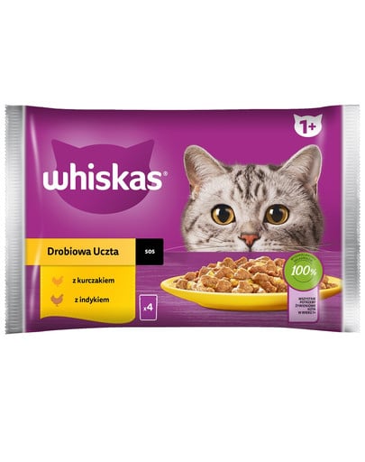 WHISKAS Adult saszetka 4x85 g Drobiowa Uczta mokra karma dla dorosłych kotów w sosie z: kurczakiem, indykiem