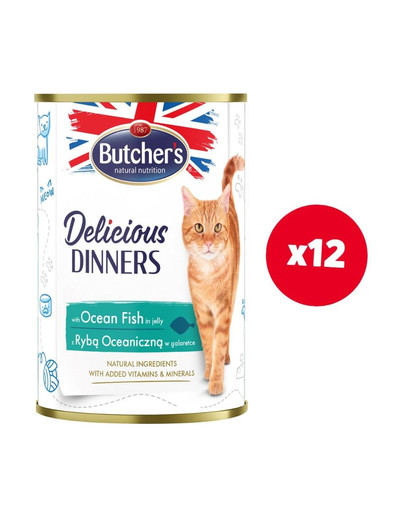 BUTCHER'S Delicious Dinners, karma dla kota, kawałki z rybą morską w galaretce 12 x 400g