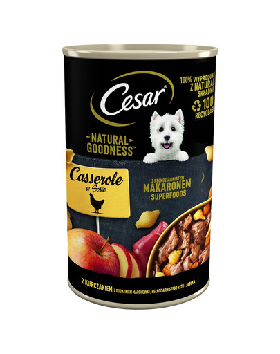 CESAR Natural Goodness 400 g mokra karma dla psów z kurczakiem z dodatkiem marchewki, pełnoziarnistego makaronu i jabłka w sosie