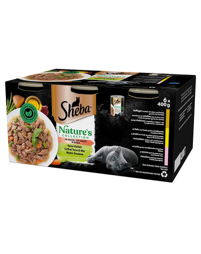 SHEBA puszka 6x400 g Nature's Collection Wybór Smaków mokra pełnoporcjowa karma dla dorosłych kotów koktajl drobiowy, z kurczakiem, z łososiem w sosie