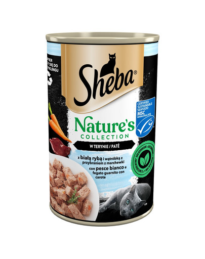 SHEBA puszka 400 g Nature's Collection mokra pełnoporcjowa karma dla dorosłych kotów z białą rybą i wątróbką z przybraniem z marchewki w terynie