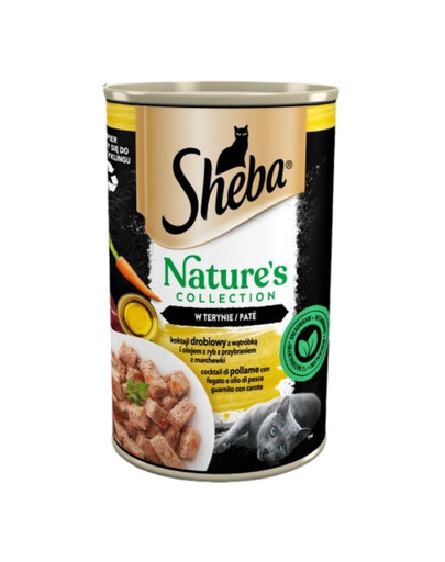 SHEBA puszka 400 g Nature's Collection mokra pełnoporcjowa karma dla dorosłych kotów koktajl drobiowy z wątróbką i olejem z ryb z przybraniem z marchewki w terynie