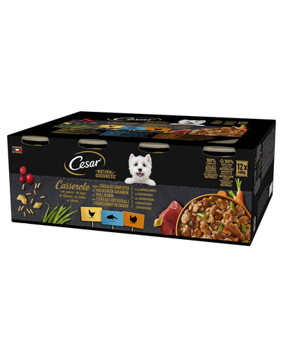Natural Goodness Casserole 24x400 g z kurczakiem, z białą rybą, z indykiem w sosie z pełnoziarnistym zbożem dla dorosłych psów