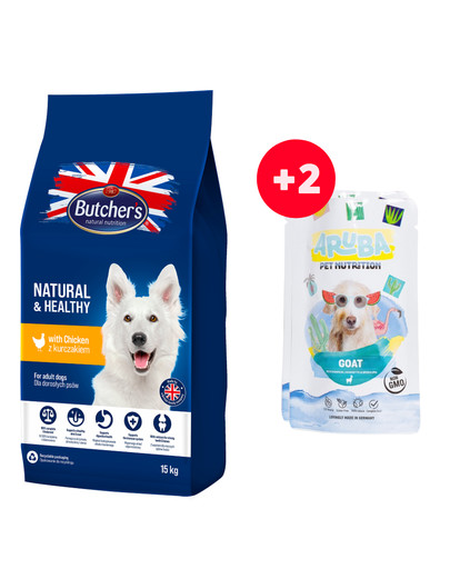 BUTCHER'S Natural&Healthy Dog sucha z kurczakiem 15 kg + 2 saszetki karmy GRATIS!