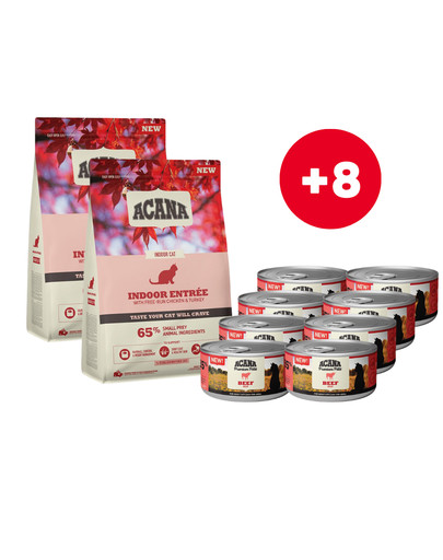 ACANA Indoor Entrée Cat 2x1,8 kg + Premium Pate Beef pasztet z wołowiną dla kotów 8 x 85 g