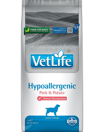VetLife Hypoallergenic Pork Potato dla dorosłych psów 12kg