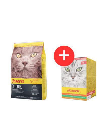 JOSERA Cat Catelux 10 kg karma przeciwdziałająca tworzeniu kul włosowych + Multipack Pate 6x85 g mix smaków pasztetu dla kotów GRATIS
