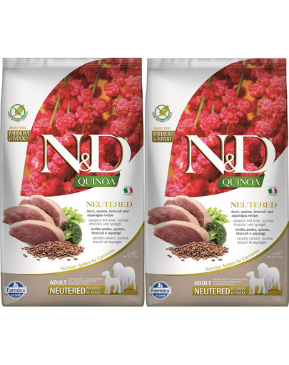 FARMINA N&D Quinoa Dog Neutred Adult Madium & Maxi duck, broccoli dla psów średnich ras 2 x 2,5 kg