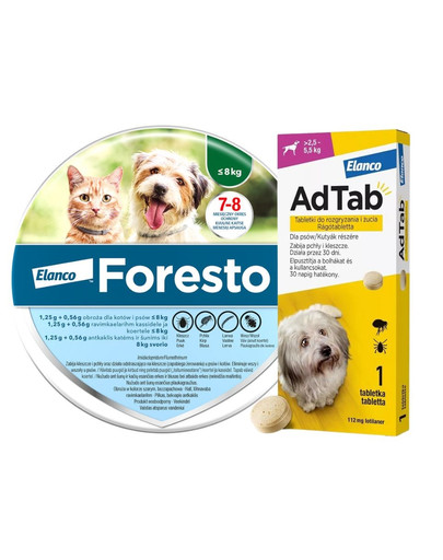 BAYER FORESTO Obroża dla kota i psa poniżej 8 kg przeciw kleszczom i pchłom + ELANCO AdTab 112 mg tabletka na kleszcze dla psów (>2,5–5,5 kg)