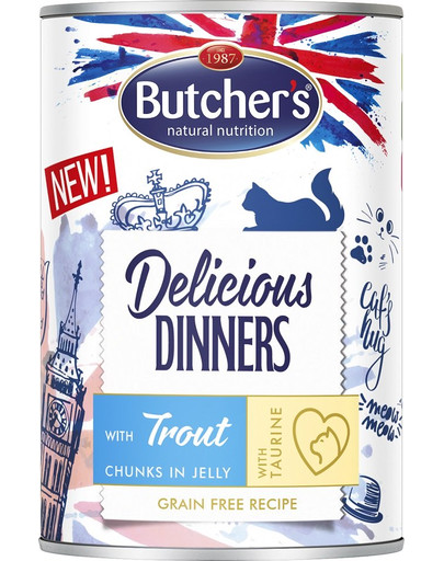 BUTCHER'S Delicious Dinners, karma dla kota, kawałki z pstrągiem w galaretce, 400g