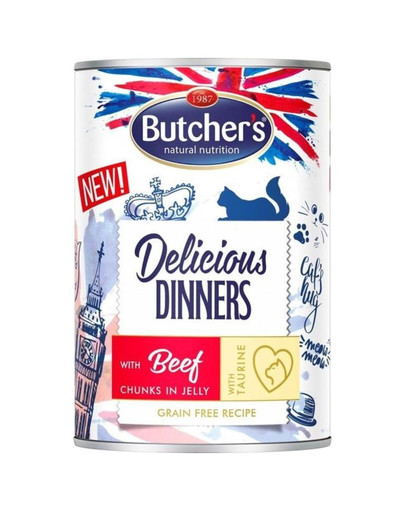 BUTCHER'S Delicious Dinners, karma dla kota, kawałki z wołowiną w galaretce, 400g