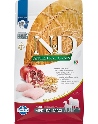 N&D Ancestral Grain dog Adult Medium & Maxi Chicken & pomegranate 2,5 kg