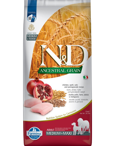 N&D Ancestral Grain dog Adult Medium & Maxi Chicken & pomegranate 12 kg
