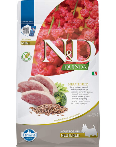 N&D Quinoa Dog Duck, Broccoli & Asparagus Neuterad Adult Mini 800 g