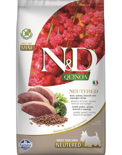 N&D Quinoa Dog Neutere Adult Mini duck, broccoli & asparagus 2.5 kg kaczka, brokuł i szparagi dla psów po kastracji