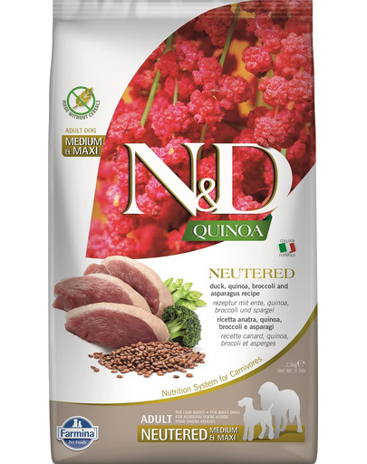 N&D Quinoa Dog Neutred Adult Madium & Maxi duck, broccoli & asparagus 2.5 kg kaczka, brokuł i szparagi dla psów po kastracji