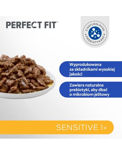 PERFECT FIT Sensitive 1+ saszetki 52x85 g w sosie z kurczakiem, z łososiem dla dorosłych kotów