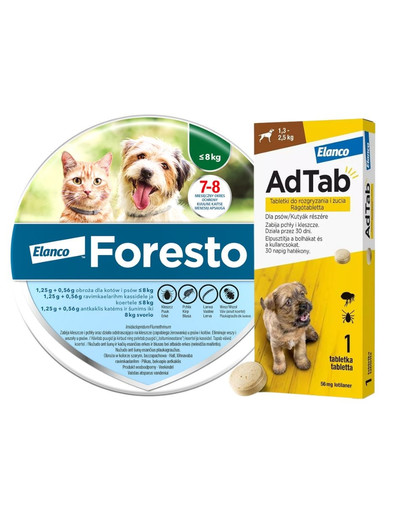 BAYER FORESTO Obroża dla kota i psa poniżej 8 kg przeciw kleszczom i pchłom + ELANCO AdTab 56 mg tabletka na kleszcze dla psów (1,3–2,5 kg)