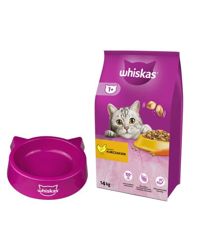 WHISKAS Adult 14kg sucha karma pełnoporcjowa dla dorosłych kotów, z pysznym kurczakiem + miska GRATIS