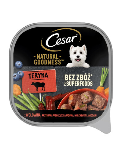 CESAR Natural Goodness Mus tacka 100 g mokra karma pełnoporcjowa dla dorosłych psów z wołowiną, przybraną fasolką szparagową, marchewką i jagodami