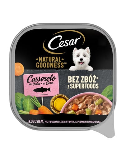 CESAR Natural Goodness tacka 100 g mokra karma pełnoporcjowa dla dorosłych psów z łososiem wzbogacony olejem rybnym, szpinakiem i marchewką w sosie