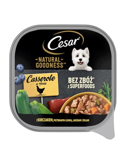 CESAR Natural Goodness tacka 100 g mokra karma pełnoporcjowa dla dorosłych psów z kurczakiem przybranym cukinią, jagodami i ziołami w sosie