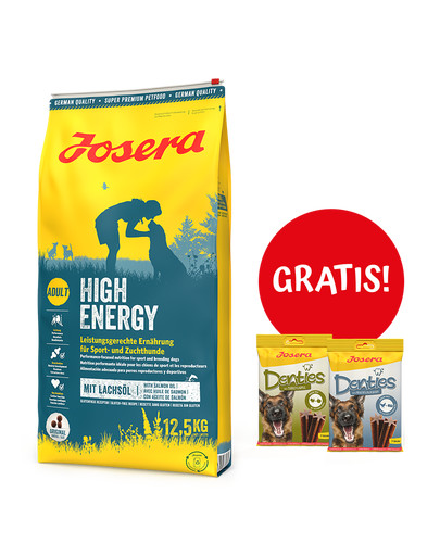 JOSERA High Energy 12,5kg dla dorosłych sportowych psów + 2 x Denties with Poultry & Blueberry 180g GRATIS