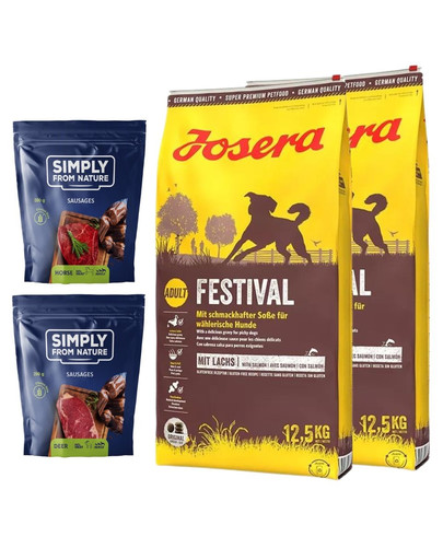 JOSERA Festival dla dorosłych wybrednych psów 25kg (2x12,5kg) + SIMPLY FROM NATURE Naturalne kiełbaski z koniną i mięsem jelenia 2x200 g