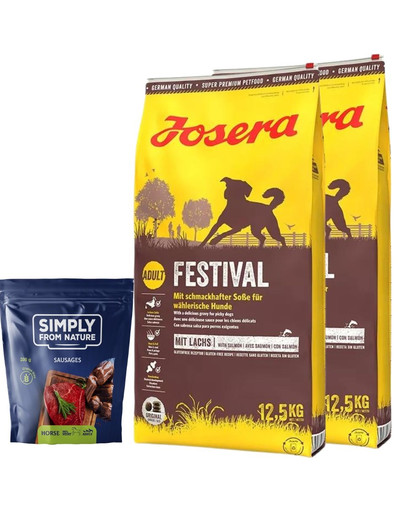 JOSERA Festival dla dorosłych wybrednych psów 25kg (2x12,5kg) + SIMPLY FROM NATURE Naturalne kiełbaski z koniną 200 g