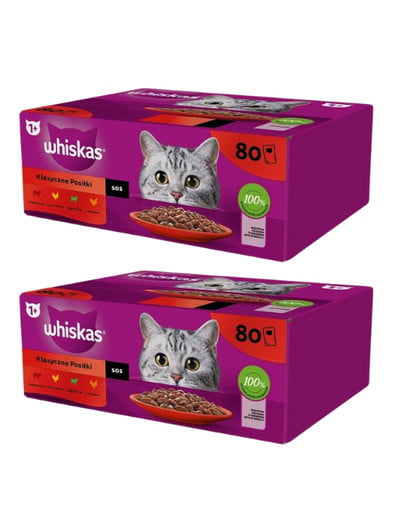 WHISKAS Adult saszetki 160 x 85 g Klasyczne Posiłki  mokra karma dla dorosłego kota, w sosie (kawałki z: wołowiną, kurczakiem, jagnięciną, drobiem)