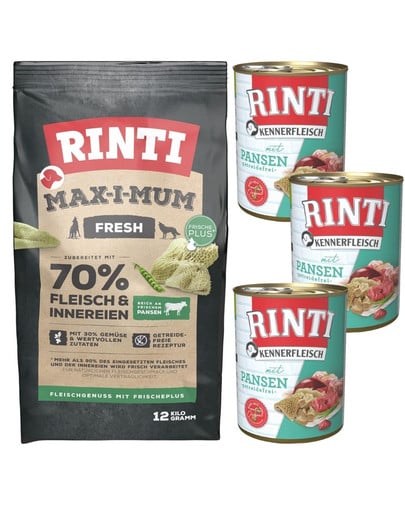 RINTI MAX-I-MUM Rumen ze żwaczami 12 kg + Kennerfleisch Rumen ze żwaczami karma mokra 3x400 g