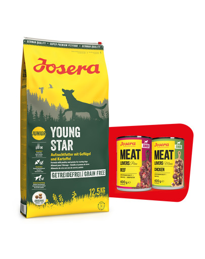JOSERA YoungStar 12,5kg dla szczeniąt i młodych psów + 2 x 400g Meat Lovers Junior GRATIS