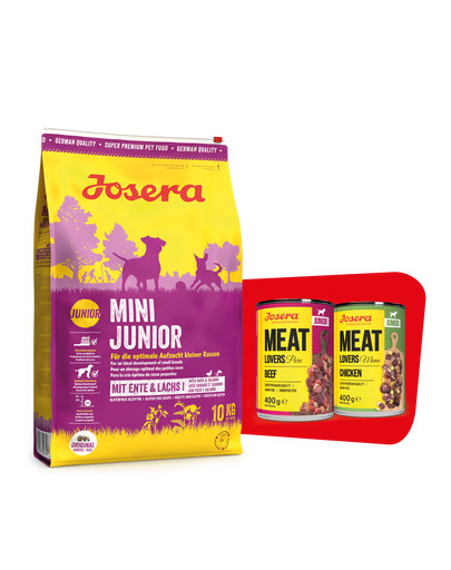 JOSERA Mini Junior 10kg dla szczeniąt ras małych + 2 x 400g Meat Lovers Junior GRATIS