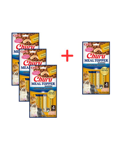 INABA Meal Topper Chicken Cheese 3 x 4x14 g kremowy dodatek z kurczakiem i serem do karmy dla kotów + 1 dodatek GRATIS