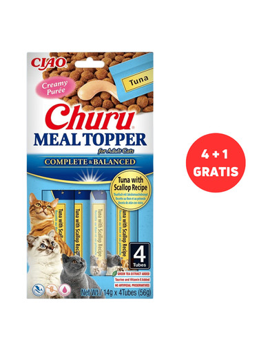 INABA Meal Topper Tuna Scallop 4 x 4x14 g kremowy dodatek z tuńczykiem i przegrzebkiem do karmy dla kotów + 1 dodatek GRATIS