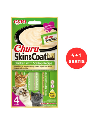 INABA Churu Skin&Coat 4 x 4x14g z kurczakiem i przegrzebkiem dla kota + 1 dodatek GRATIS
