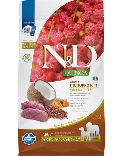 N&D Quinoa Dog Adult Medium Maxi Skin and Coat Venison Coconut 2,5 kg dla ras średnich i dużych