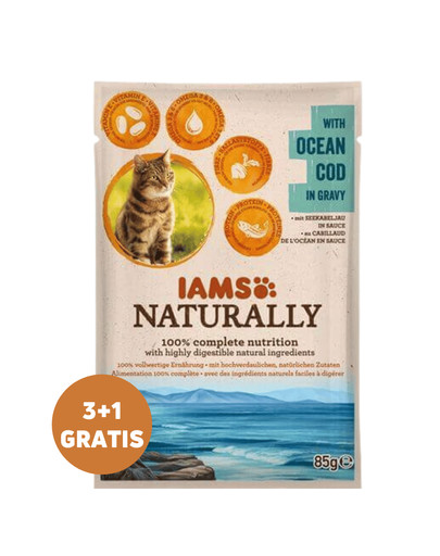 IAMS Naturally Adult Cat with Ocean Cod in Gravy karma dla kota w sosie 3 x 85 g + 1 GRATIS