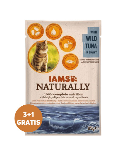 IAMS Naturally Adult Cat with Wild Tuna in Gravy tuńczyk w sosie 3 x 85 g + 1 GRATIS