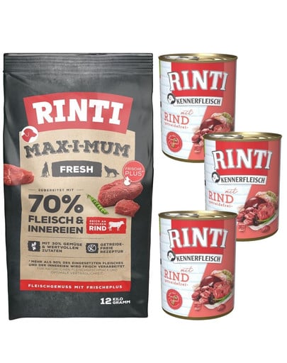 RINTI MAX-I-MUM Beef z wołowiną 12 kg + Kennerfleisch Beef wołowina karma mokra 3x400 g